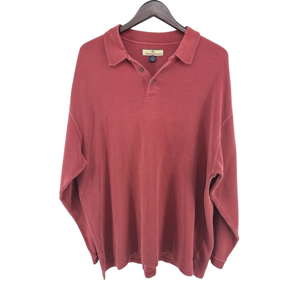 Tommy Bahama Mens XXL Silk Cotton Ribbed‎ Long Sleeve Polo Shirt Terracotta Red